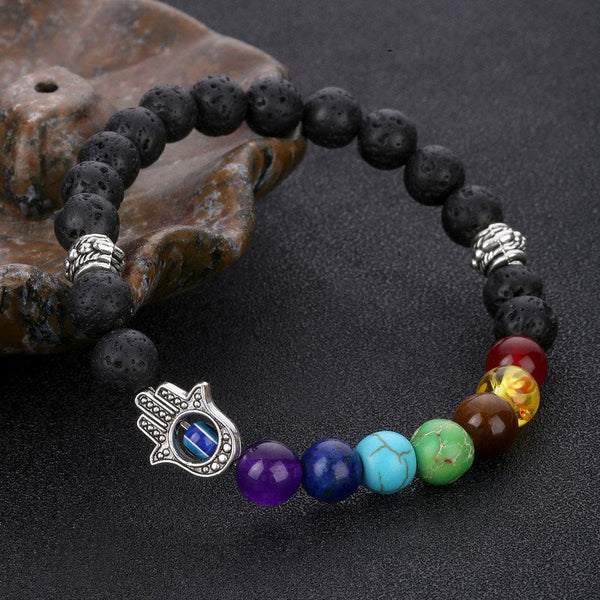 Zen&Spirit 7 Chakra Hamsa Hand Lava Stone Bracelet