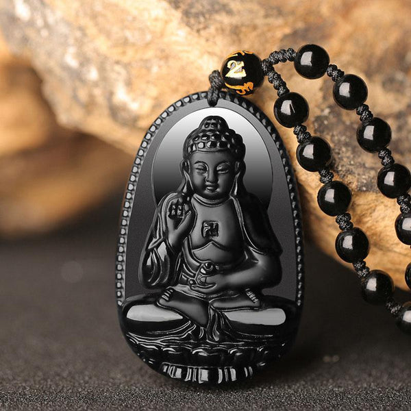 Zen&Spirit Black Obsidian Buddha Necklace Pendant - Protection & Courage