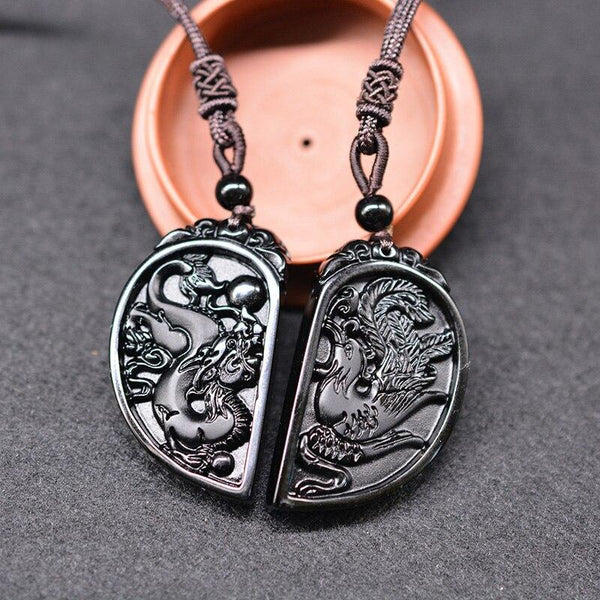 Zen&Spirit Half Heart Necklace for Couples - Obsidian Dragon and Phoenix Pendant Set