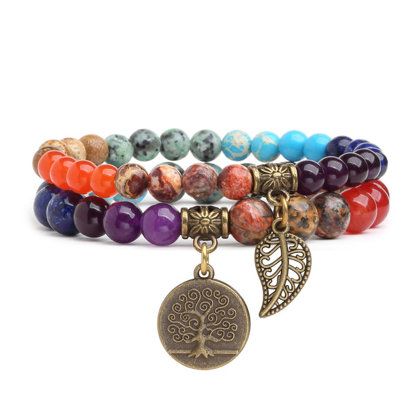 Pulsera con cuentas de chakras de doble capa: dijes de hojas y árbol de la vida