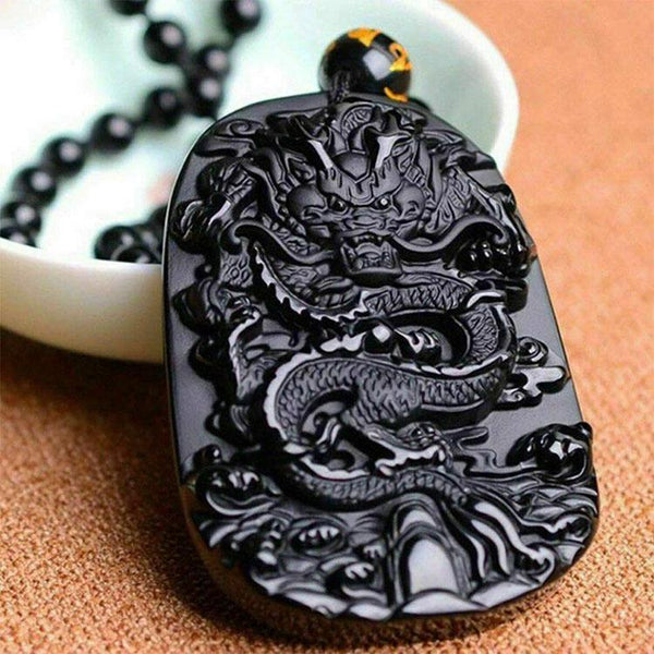 Zen&Spirit Natural Black Obsidian Dragon Necklace - Protection, Luck, Success