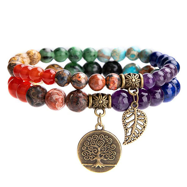 Amazon Hot Selling 6m8m Tree of Life Leaf Pendant Set Bracelet Colorful Tiger Eye Amethyst Bracelet Set