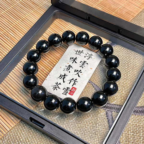 Pulsera de obsidiana de viento oscuro, lujosa pulsera de nicho de obsidiana de plata natural con cuentas negras, pulsera de un solo círculo con cuentas para hombre nueva