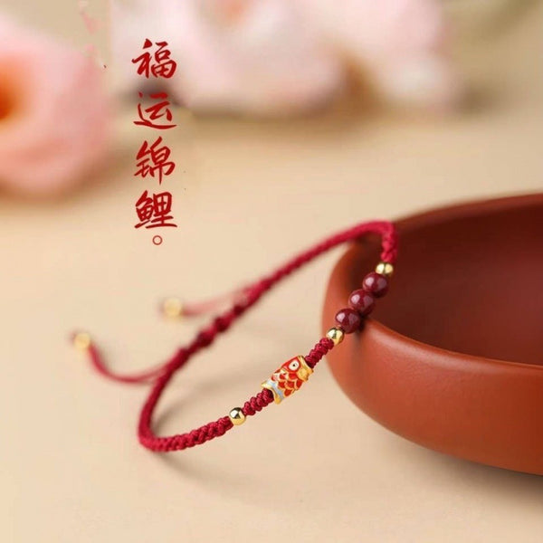 Zen&Spirit Woven Red Rope Bracelet: Koi Charm, Natal Year, Good Fortune