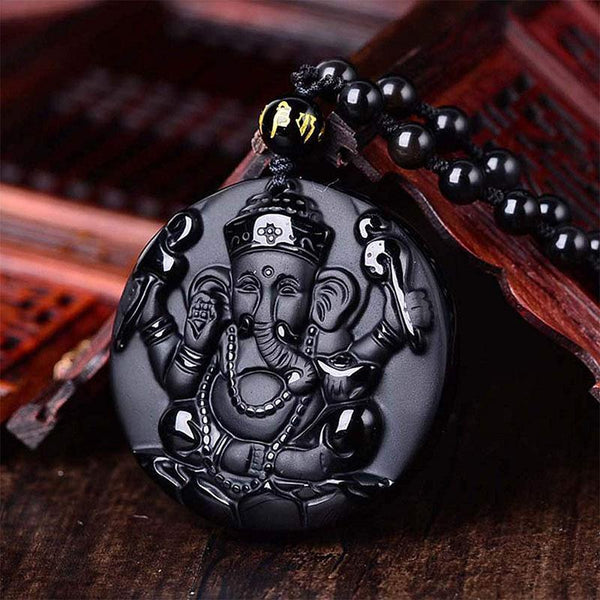 Zen&Spirit Obsidian Lord Ganesha Pendant - Necklace for Success